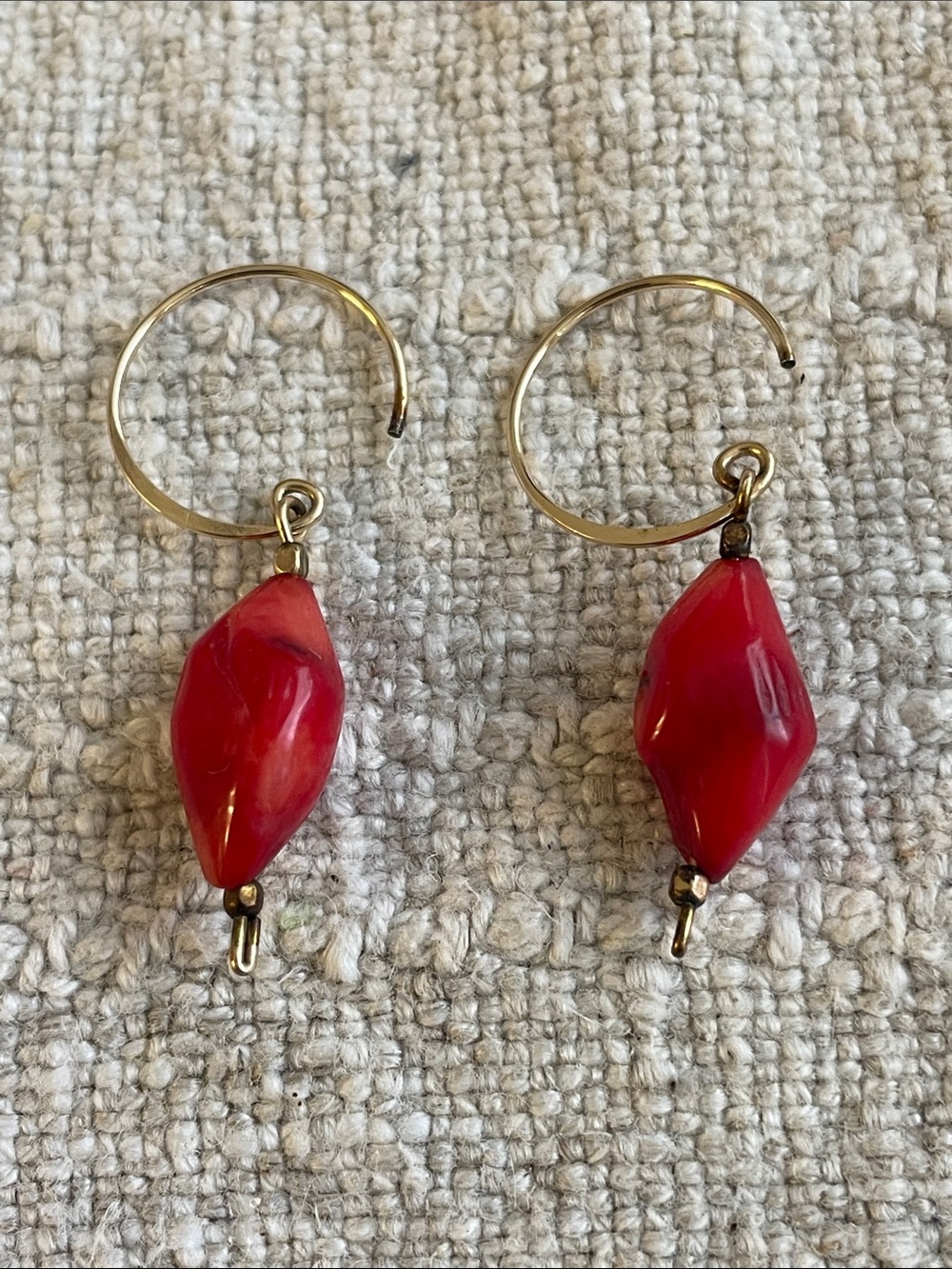 Gold Hoop Earrings with Red Coral 🪸 Bead Drops